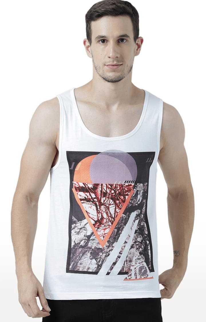 Men's White Cotton Printed Vest