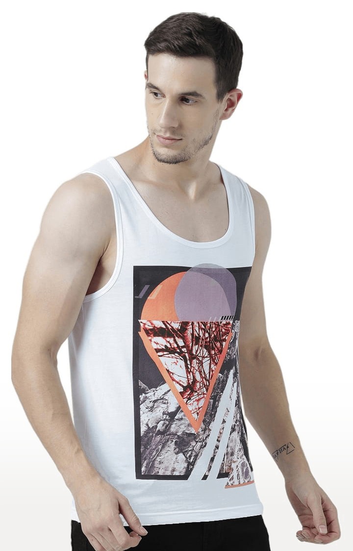 Men's White Cotton Printed Vest
