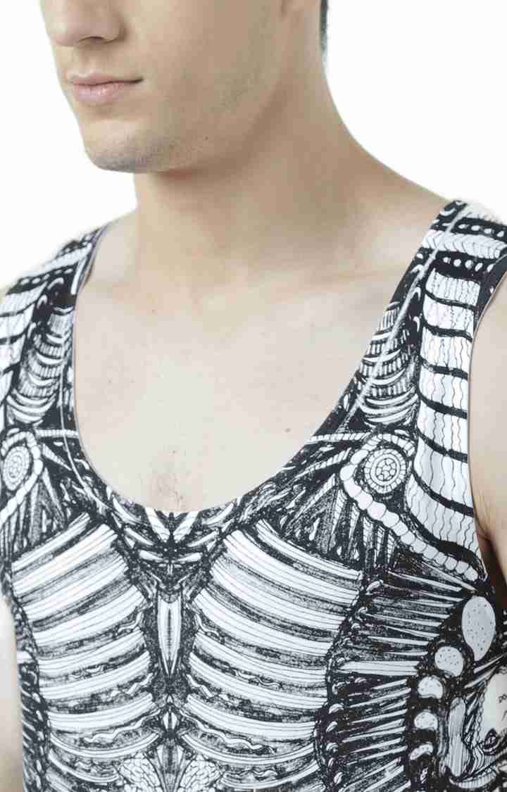 Men's White & Black Cotton Printed Vest