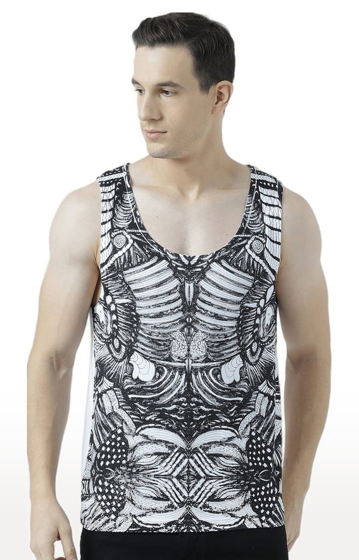 Men's White & Black Cotton Printed Vest