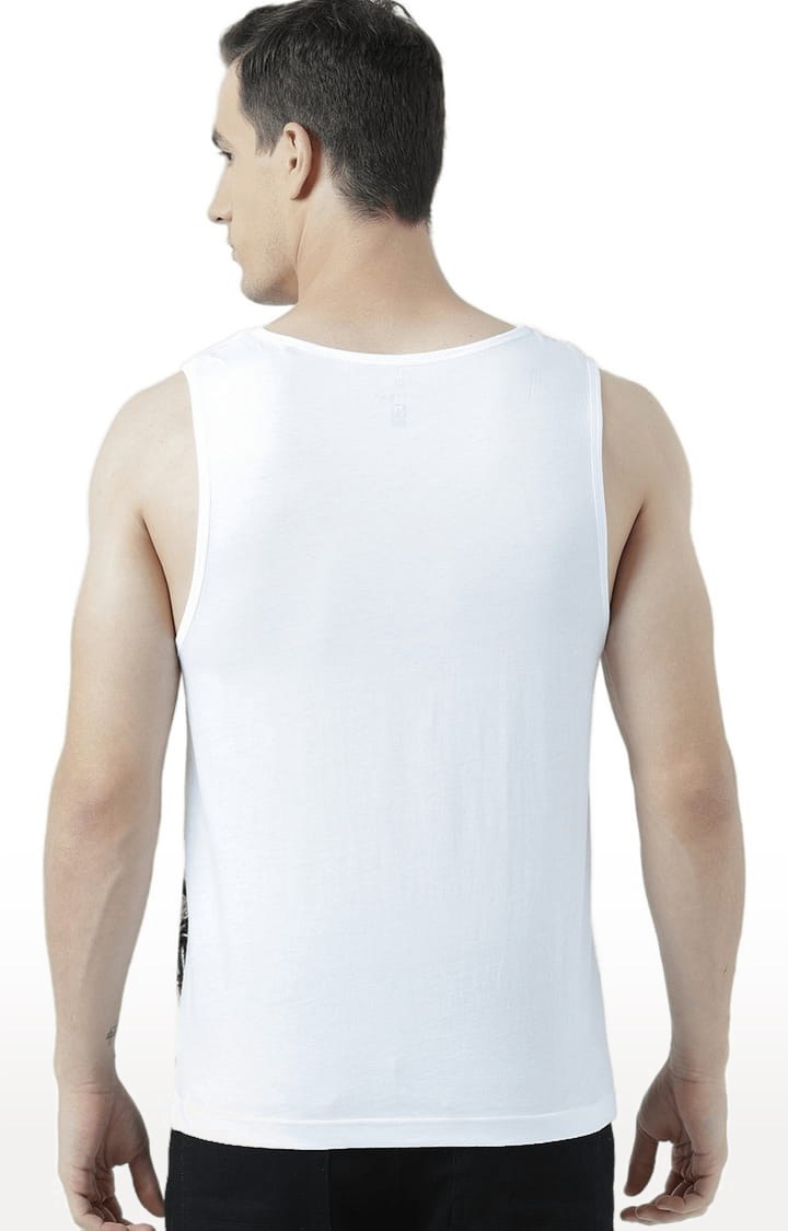 Men's White & Black Cotton Printed Vest