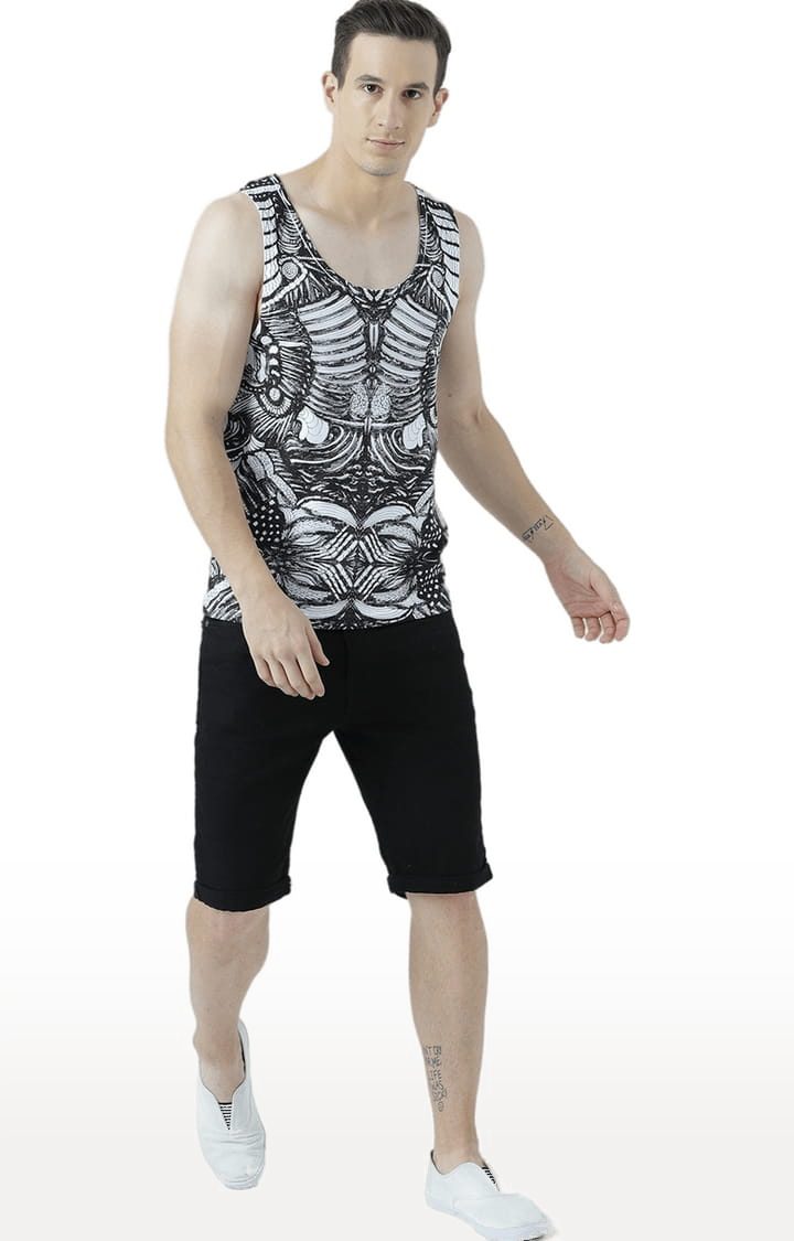 Men's White & Black Cotton Printed Vest