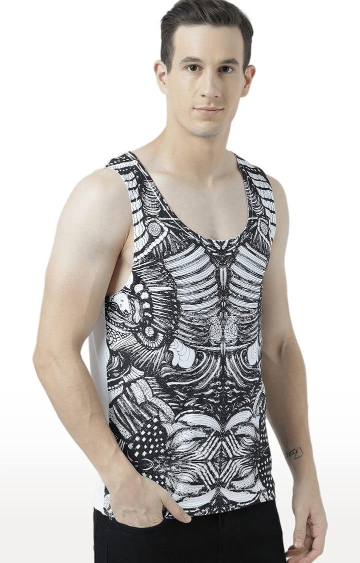 Men's White & Black Cotton Printed Vest