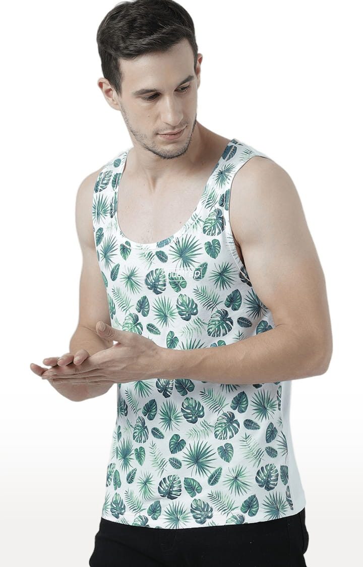 Men's White & Green Cotton Printed Vest