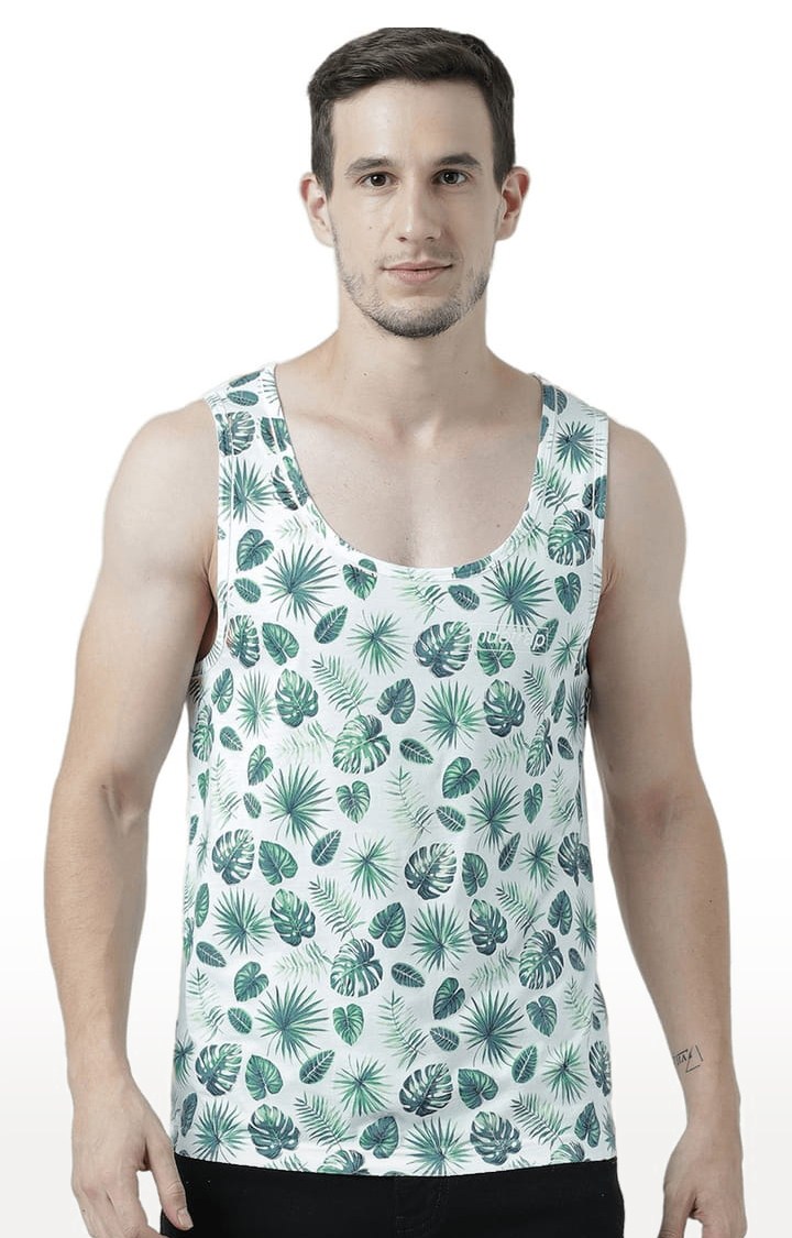 Men's White & Green Cotton Printed Vest