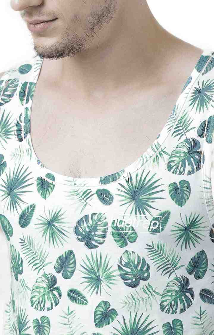 Men's White & Green Cotton Printed Vest