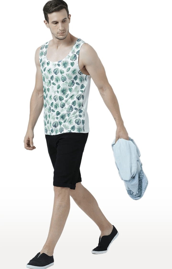 Men's White & Green Cotton Printed Vest