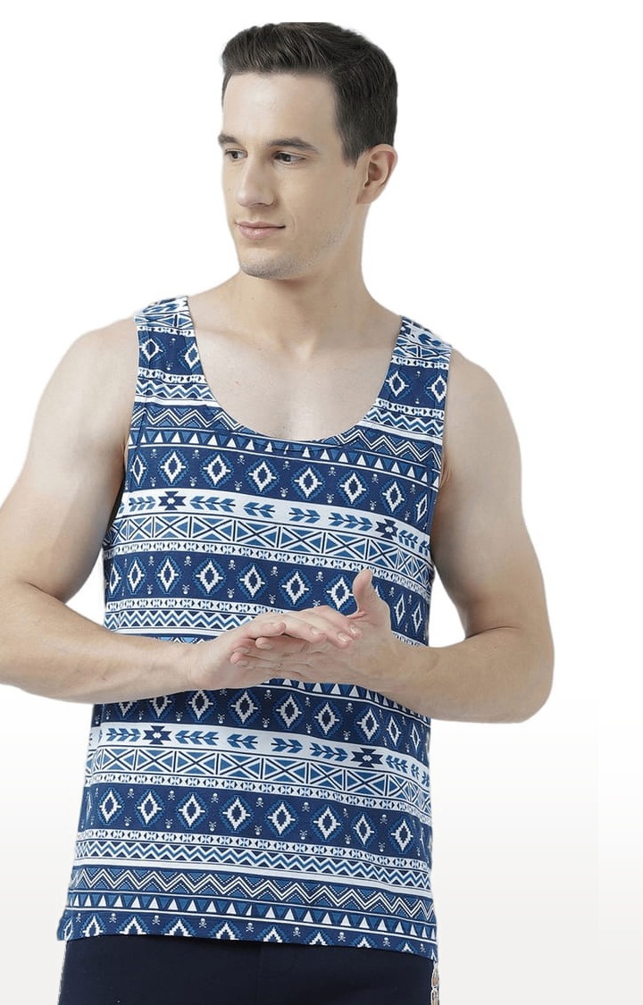 Men's Blue Cotton Printed Vest