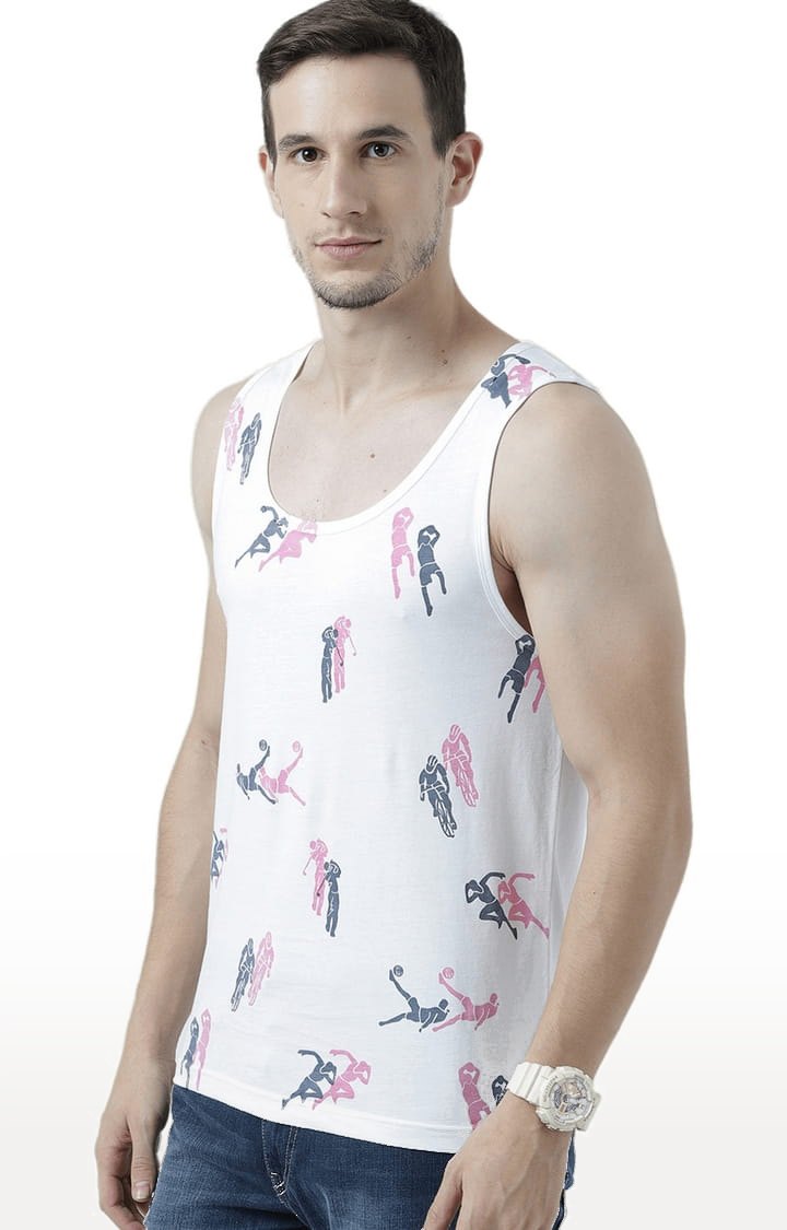 Men's White Cotton Printed Vest