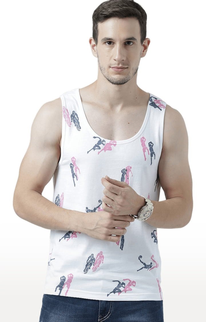 Men's White Cotton Printed Vest