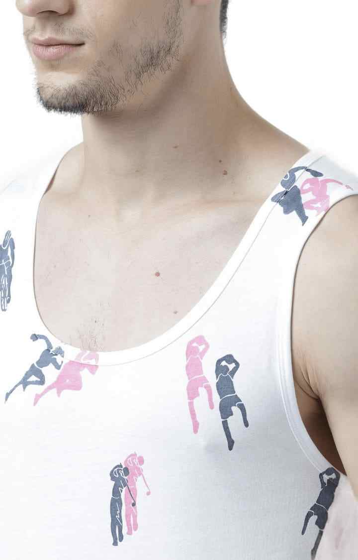 Men's White Cotton Printed Vest