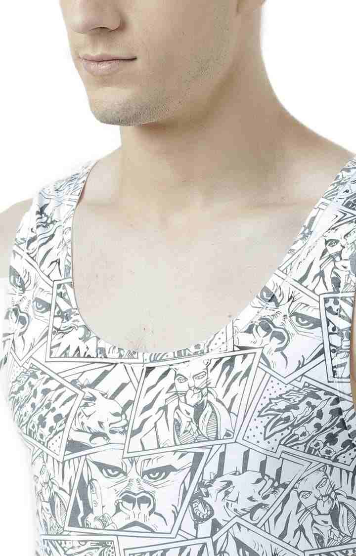 Men's White Cotton Printed Vest