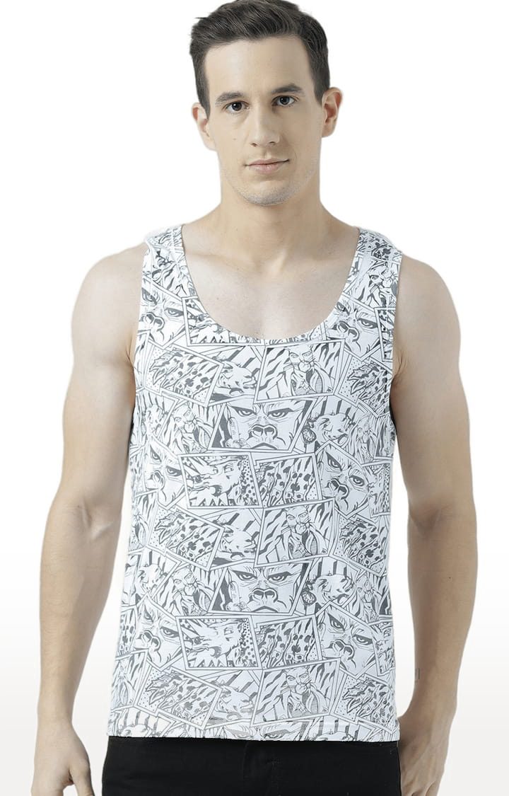 Men's White Cotton Printed Vest