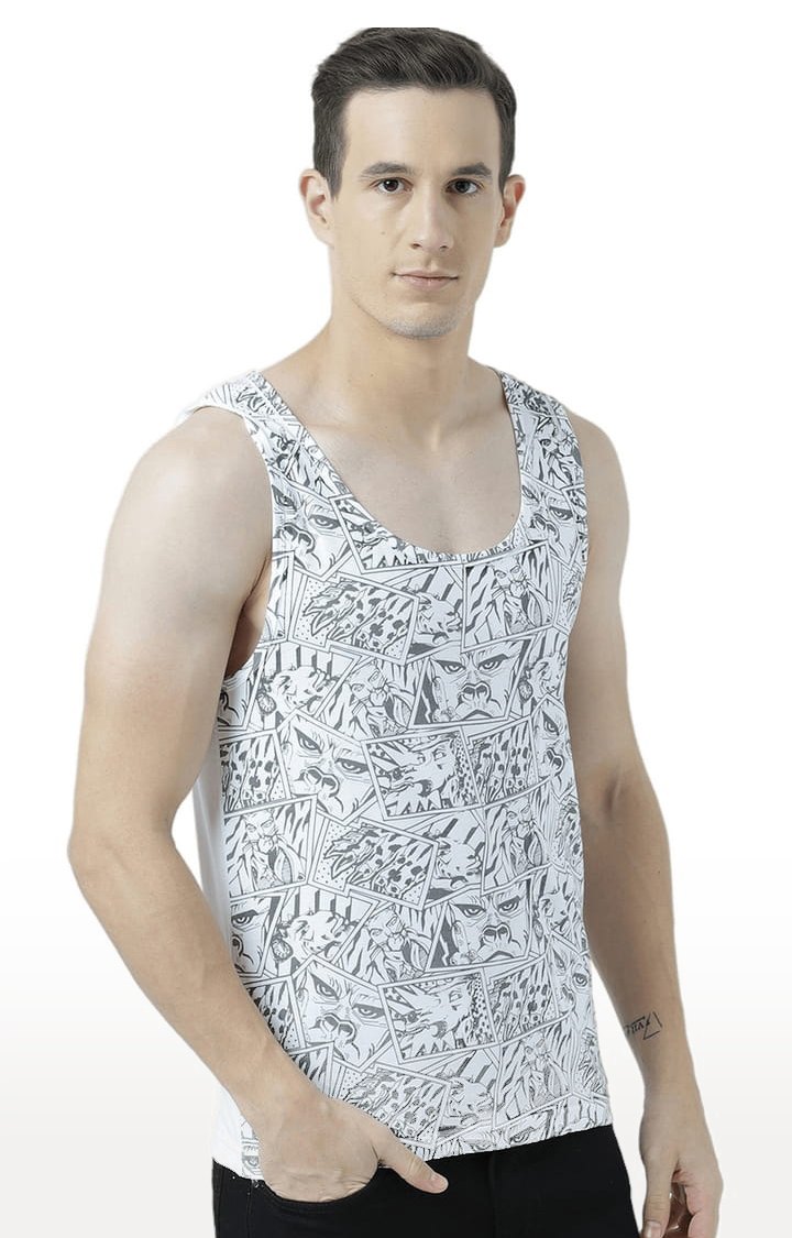 Men's White Cotton Printed Vest