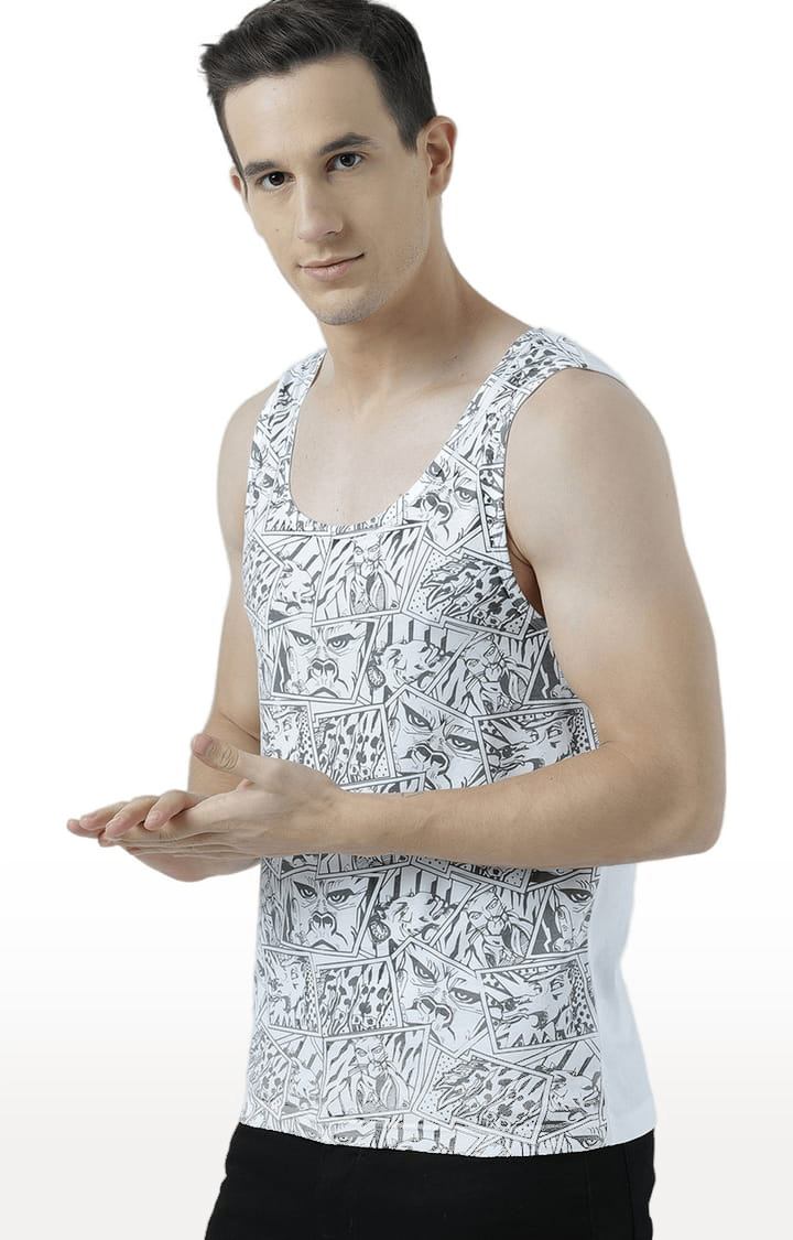 Men's White Cotton Printed Vest