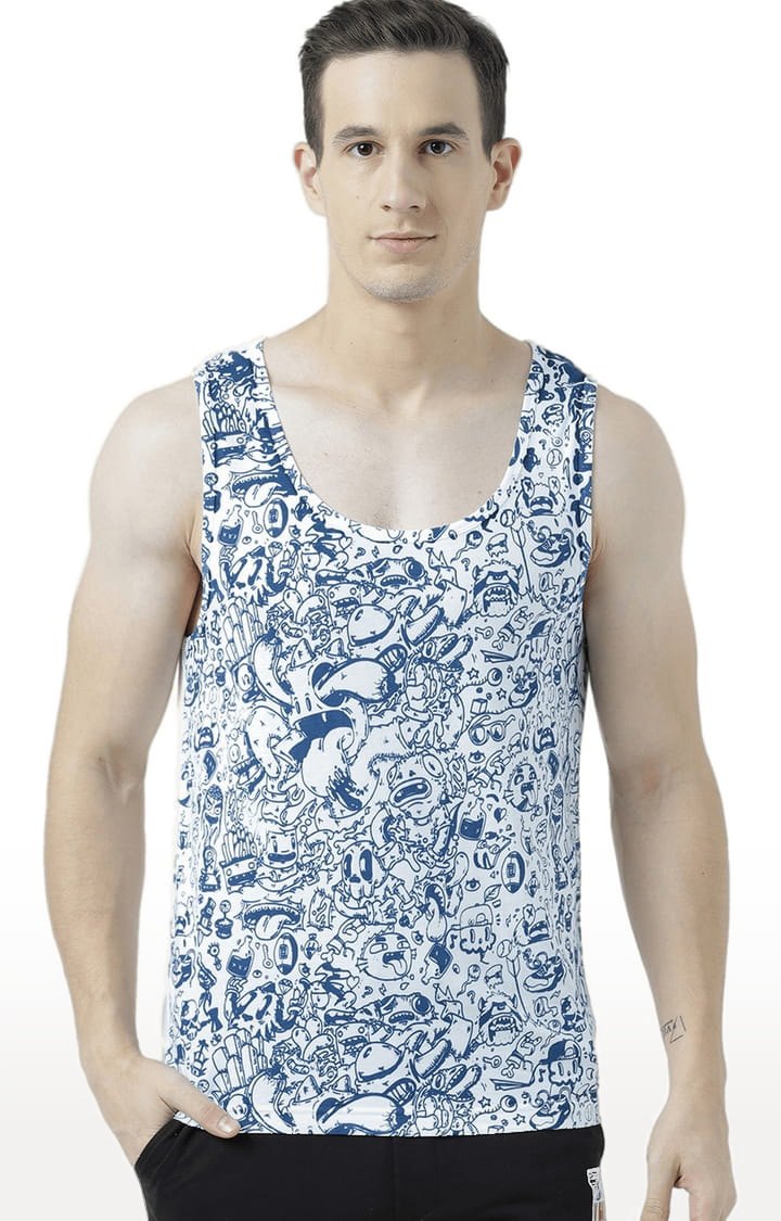 Men's White & Blue Cotton Printed Vest
