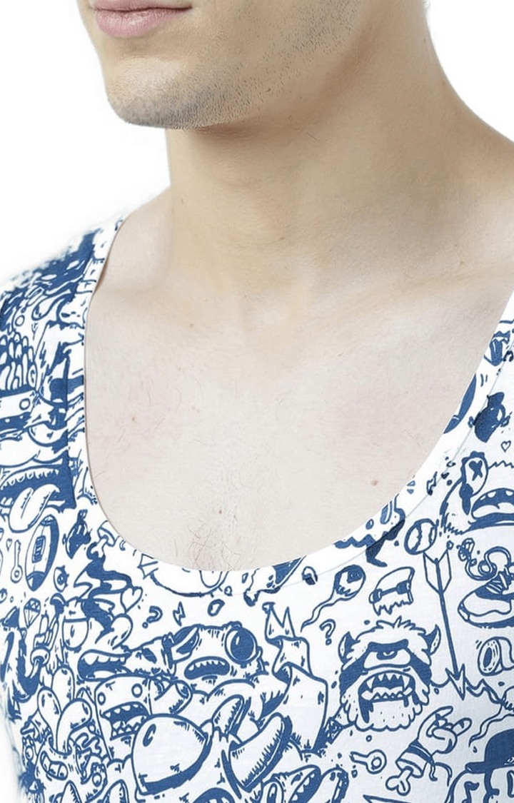 Men's White & Blue Cotton Printed Vest