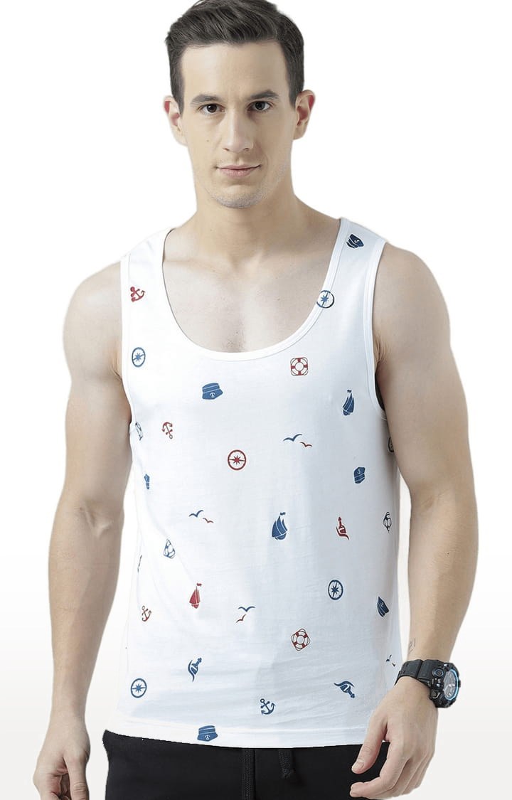 Men's White Cotton Printed Vest