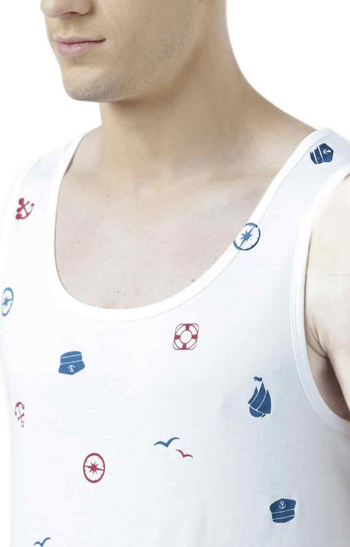 Men's White Cotton Printed Vest