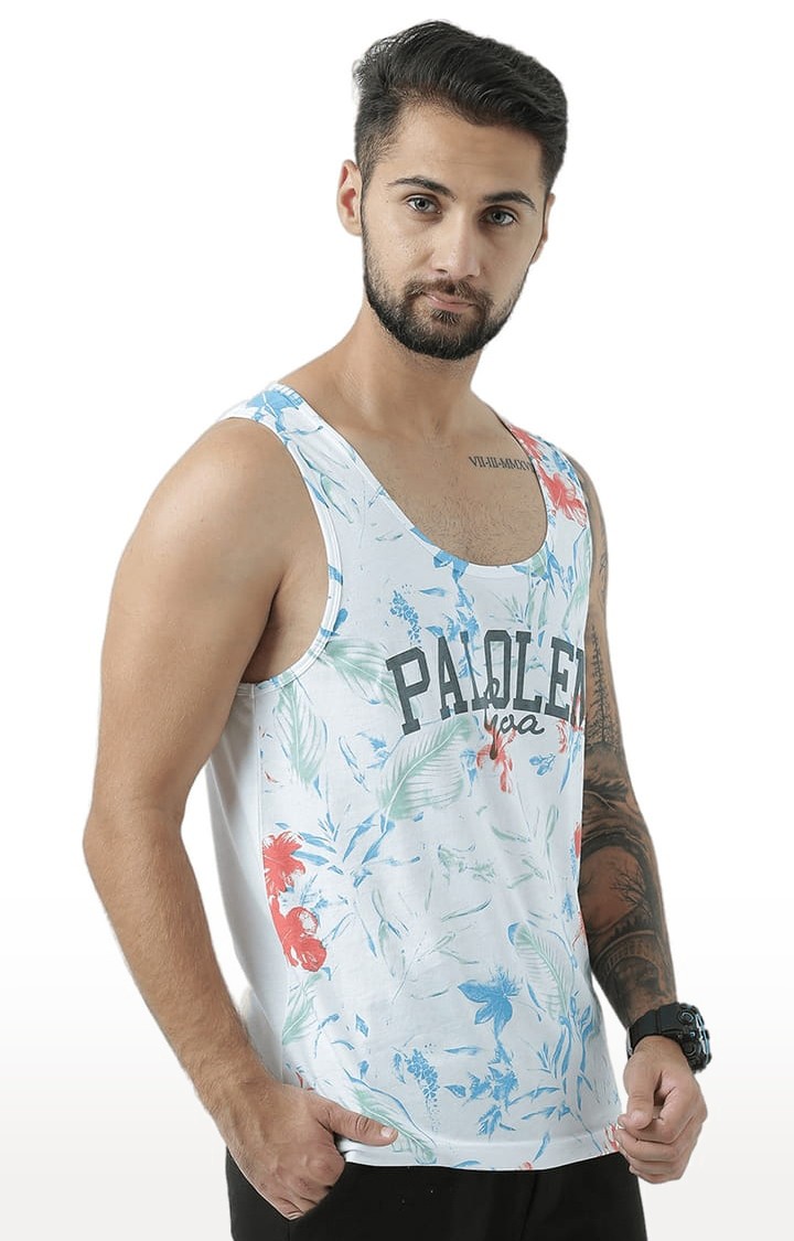 Men's White Cotton Printed Vest