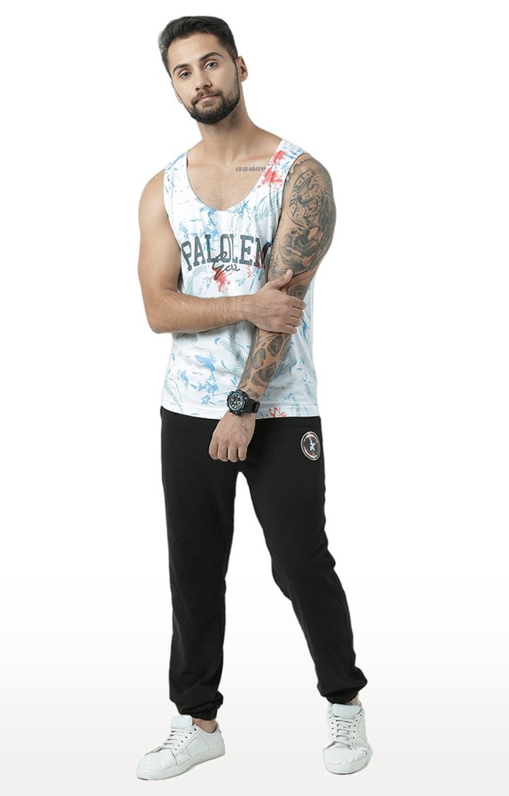 Men's White Cotton Printed Vest