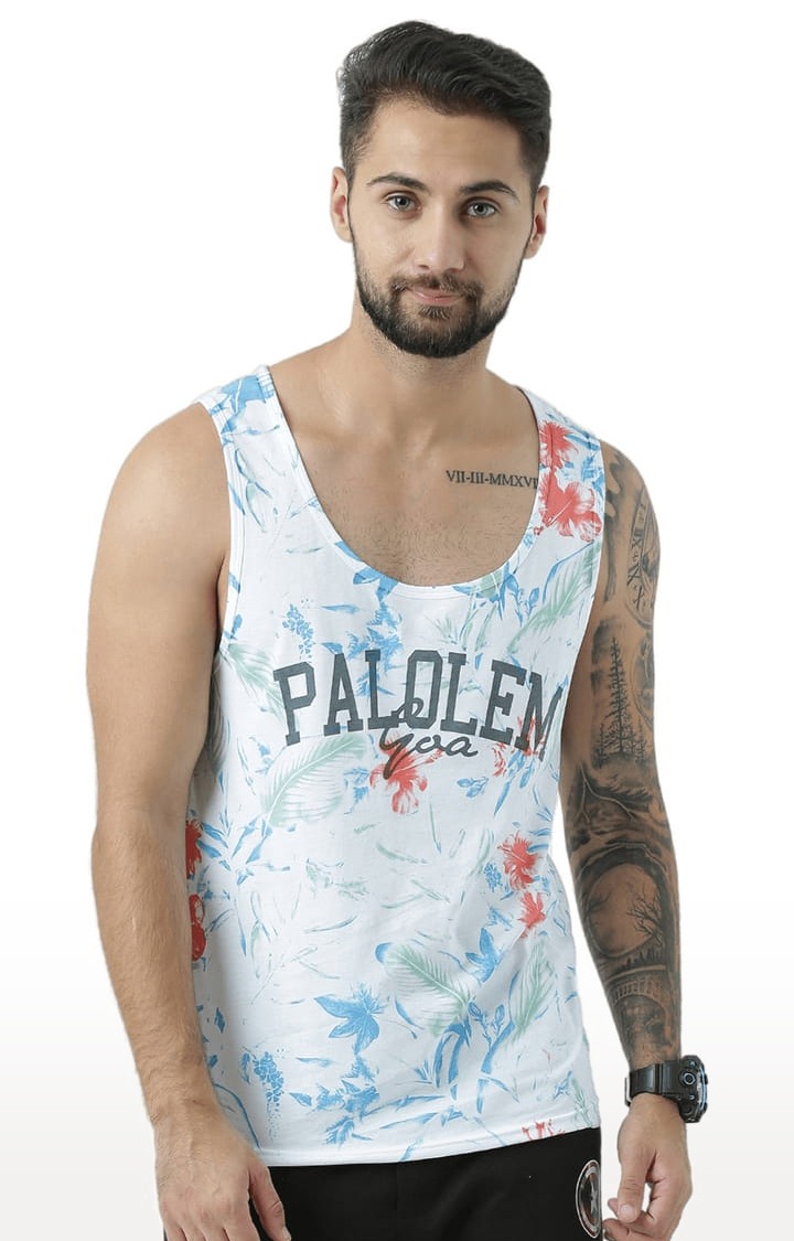 Men's White Cotton Printed Vest