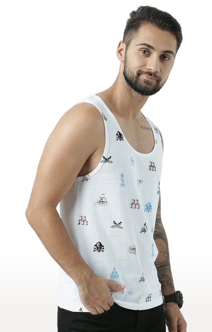 Men's White Cotton Printed Vest