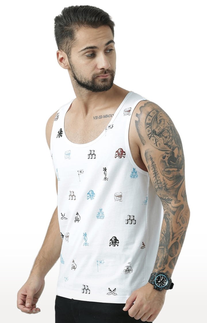 Men's White Cotton Printed Vest
