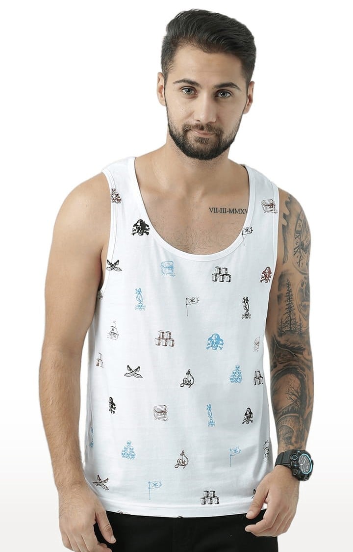 Men's White Cotton Printed Vest