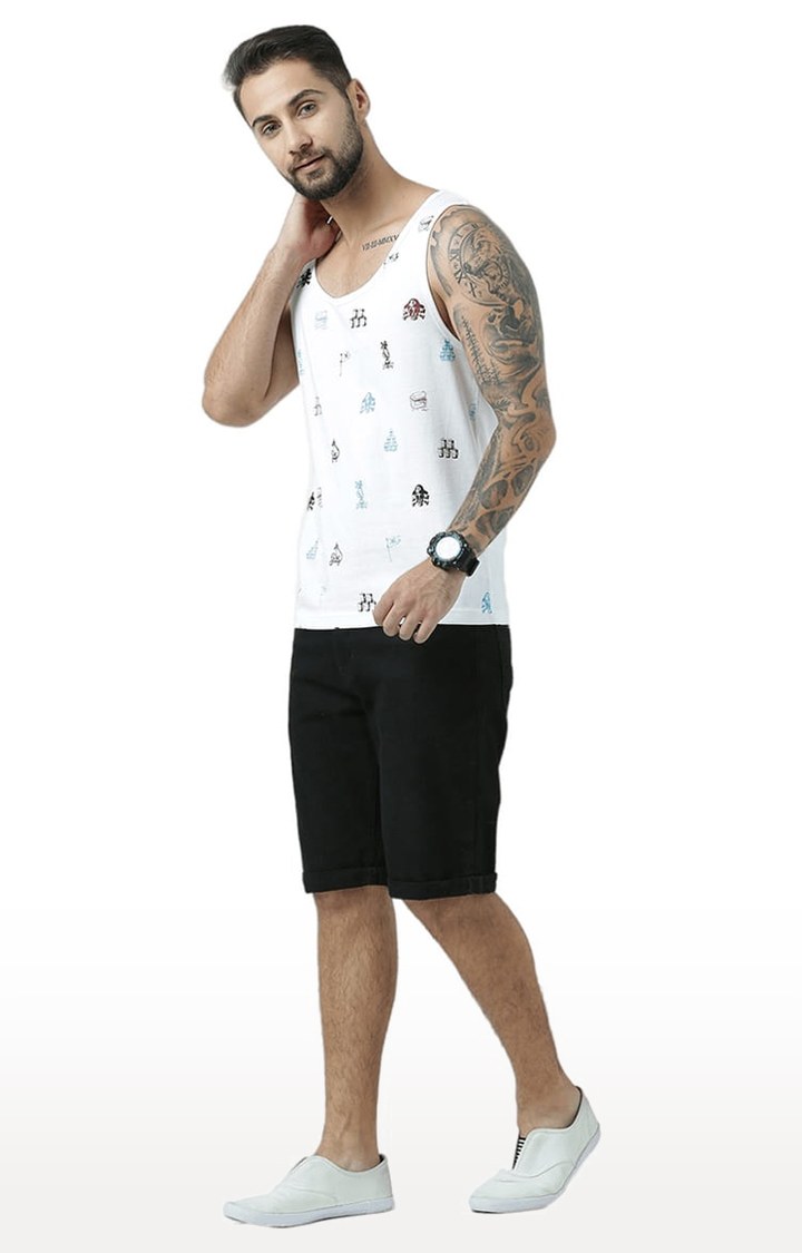 Men's White Cotton Printed Vest
