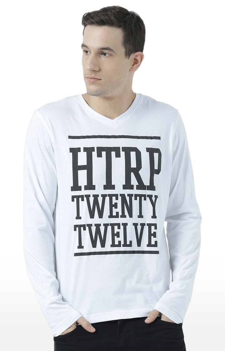 HUETRAP | Men's White Cotton Typographic Printed Regular T-Shirt 0