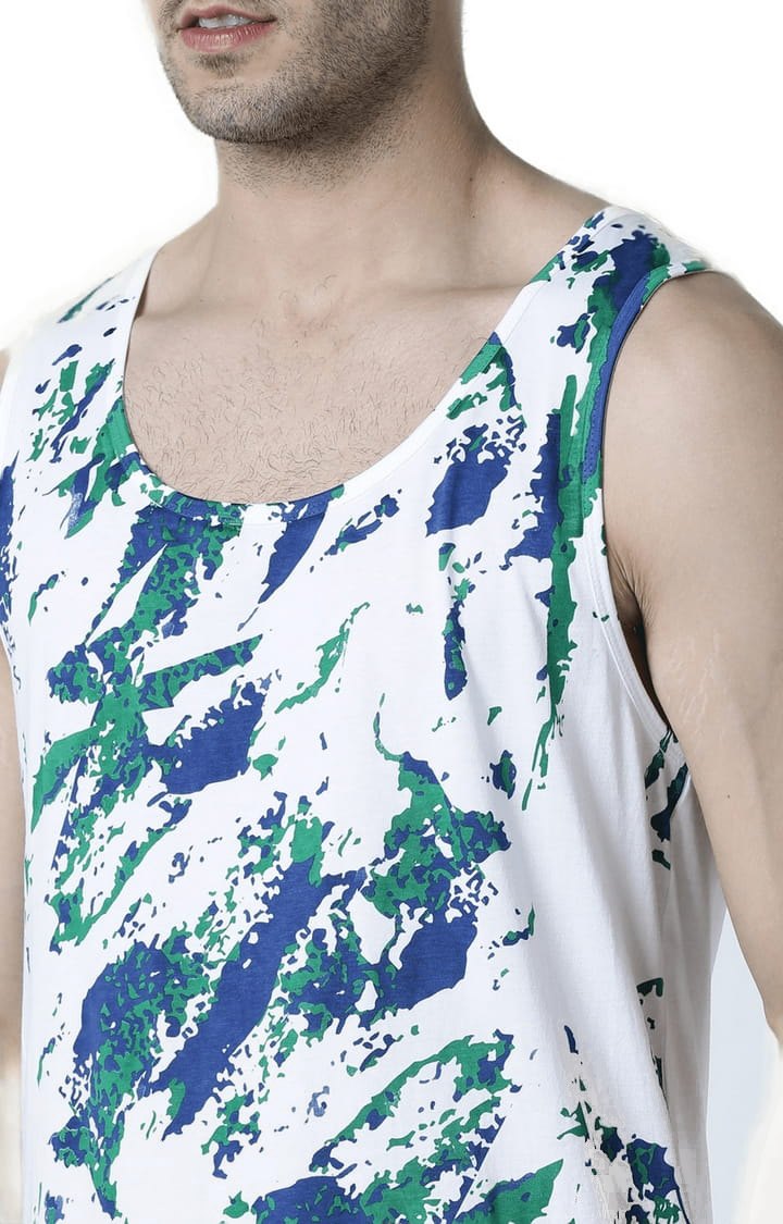 Men's White Cotton Printed Vest