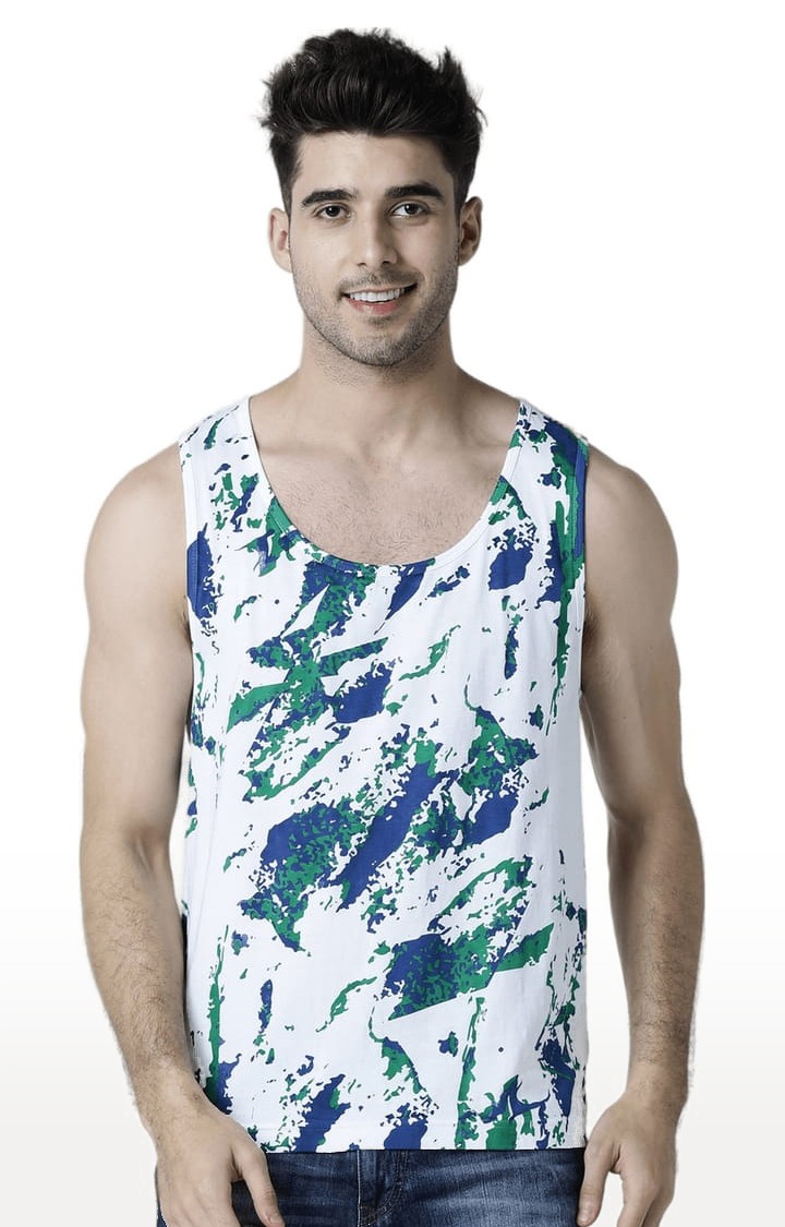 Men's White Cotton Printed Vest