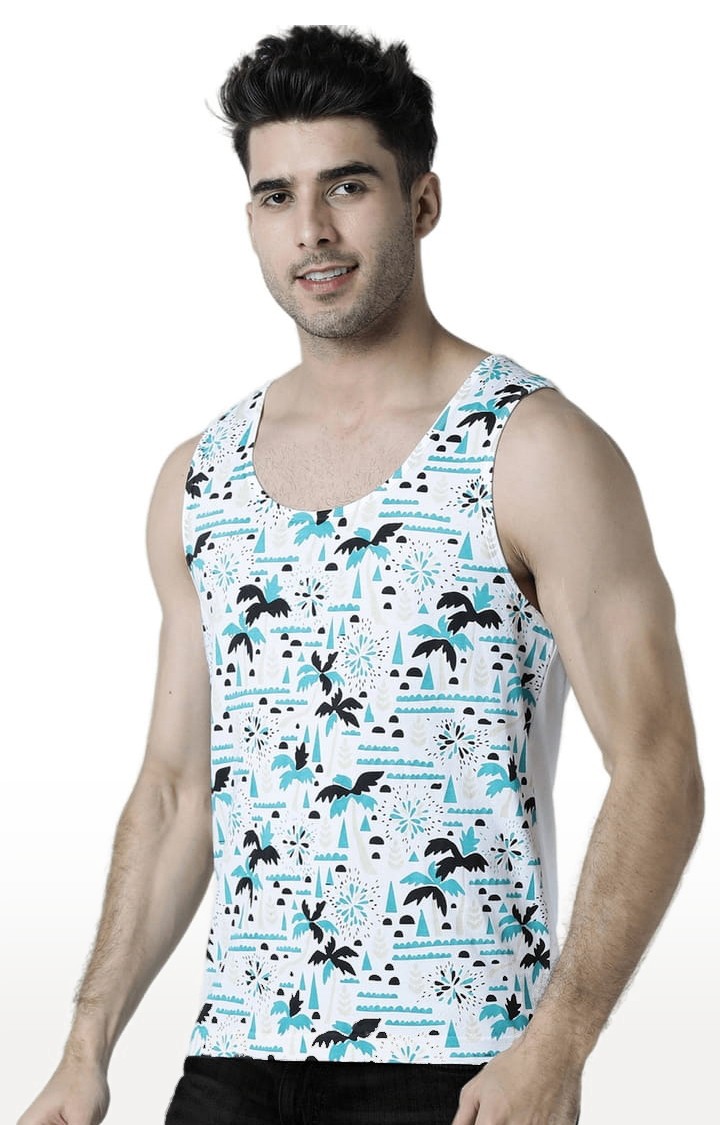 Men's White & Blue Cotton Printed Vest