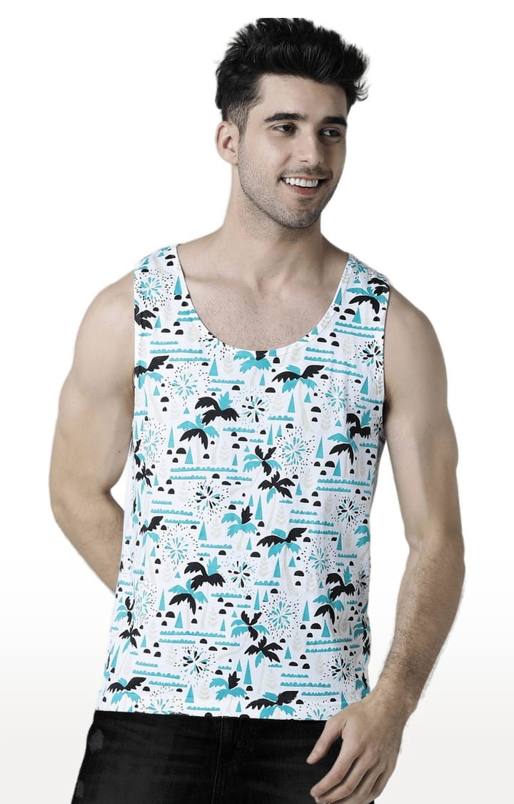 Men's White & Blue Cotton Printed Vest