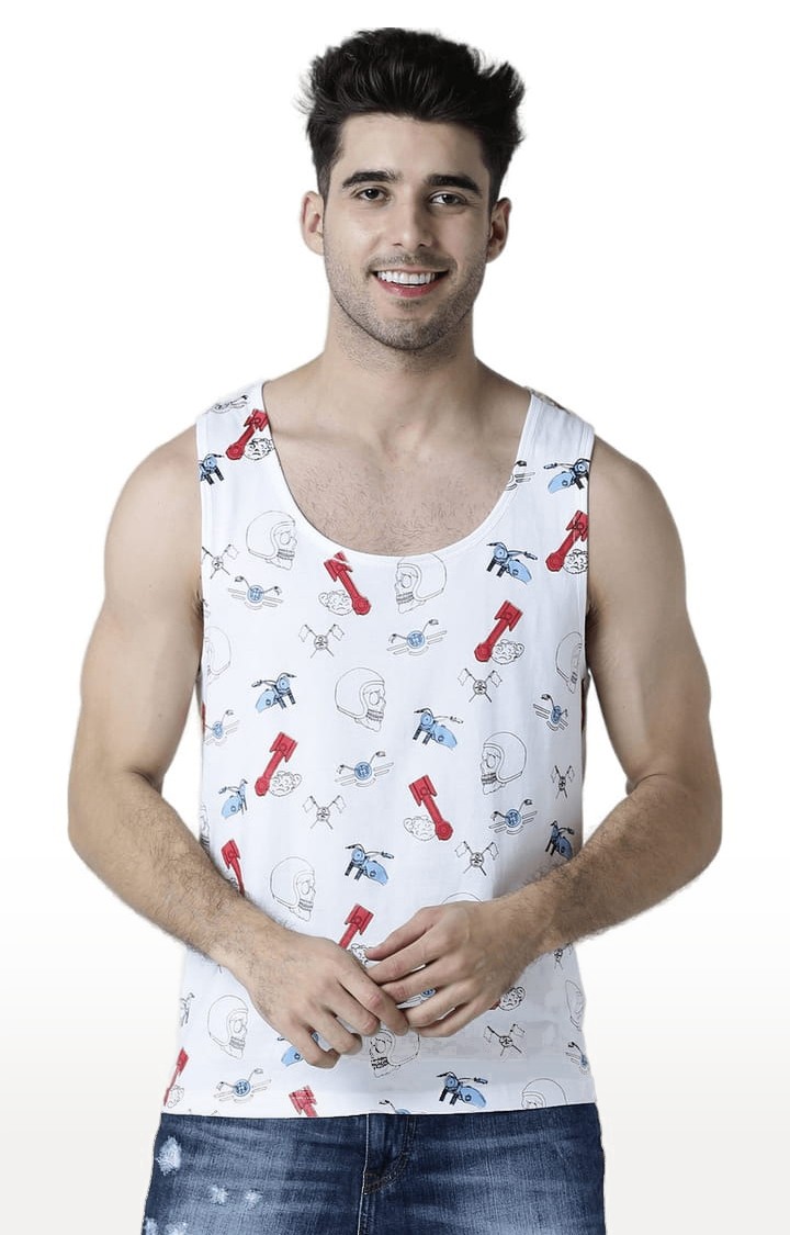Men's White Cotton Printed Vest