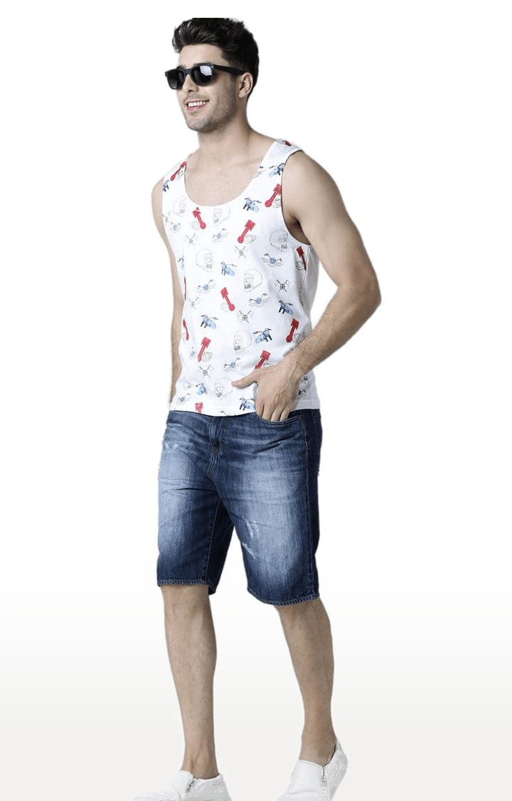 Men's White Cotton Printed Vest