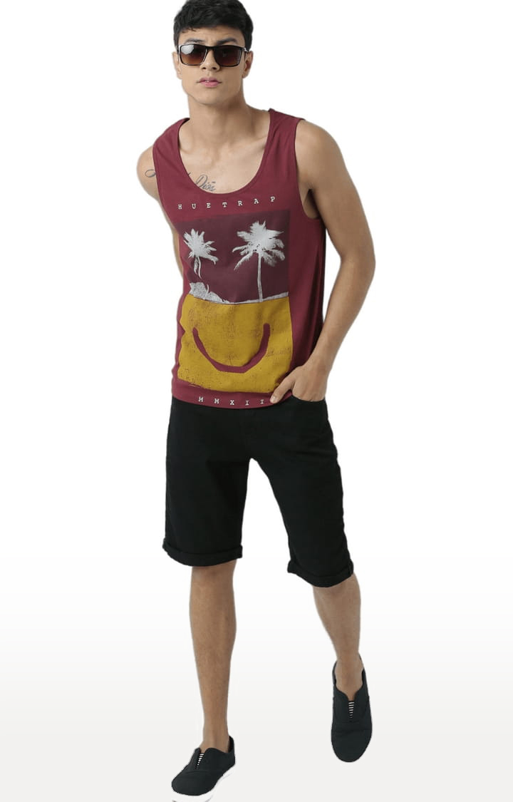 Men's Maroon Cotton Printed Vest