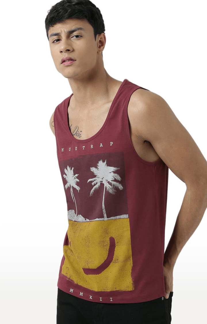 Men's Maroon Cotton Printed Vest