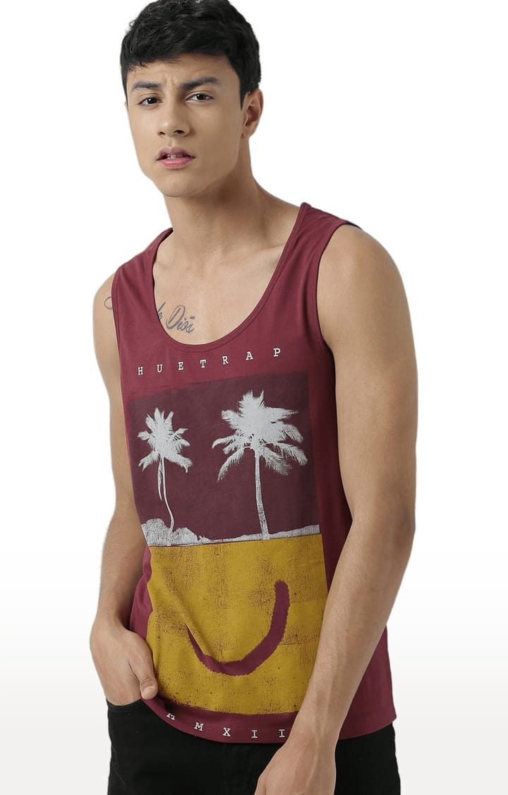 Men's Maroon Cotton Printed Vest