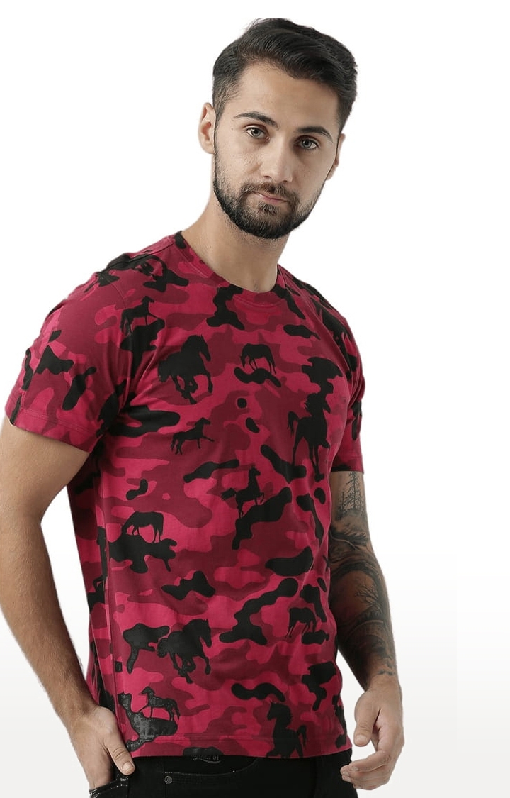HUETRAP | Men's Red Cotton Camouflage Regular T-Shirt 2