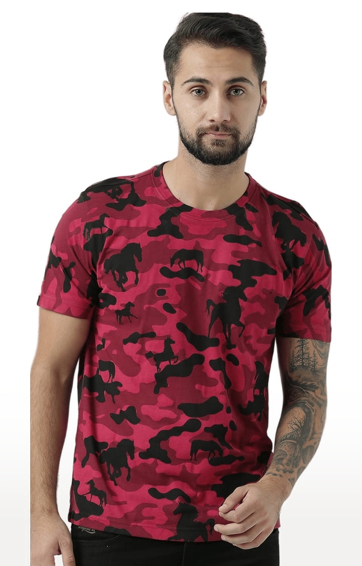 HUETRAP | Men's Red Cotton Camouflage Regular T-Shirt 0