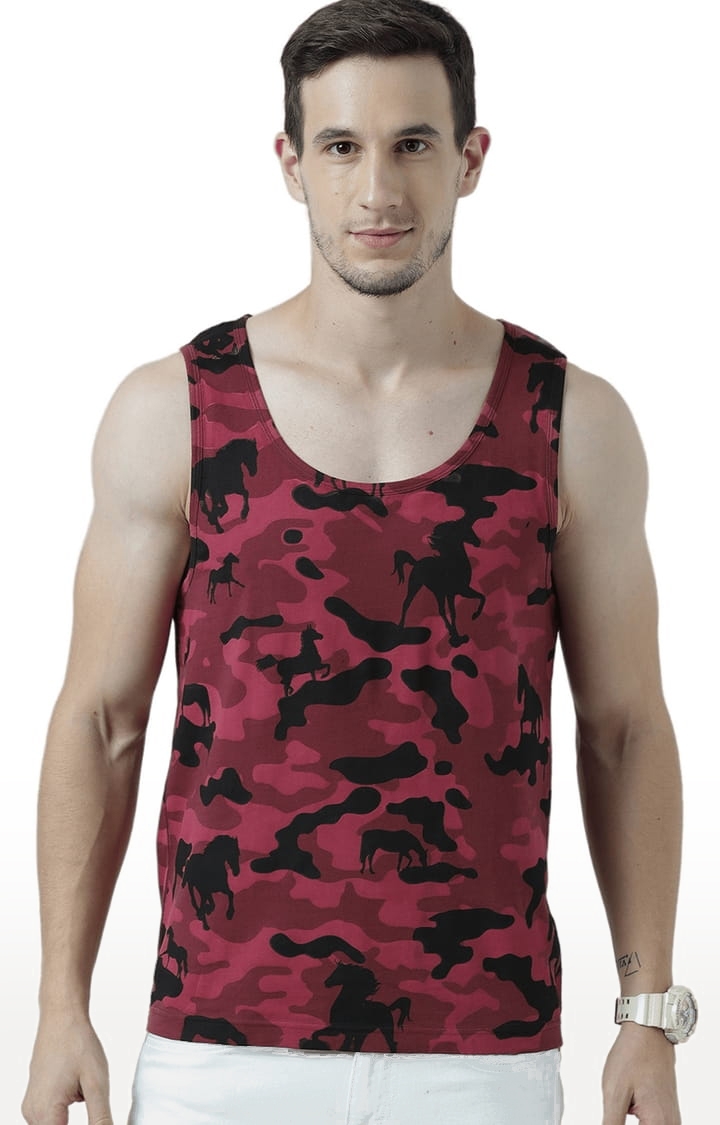 HUETRAP | Men's Red Cotton Camouflage Printed Vest 0