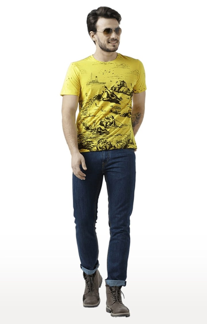 Men's Yellow Printed Regular T-Shirt