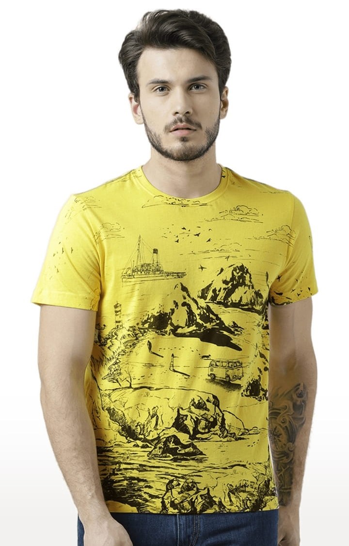 Men's Yellow Printed Regular T-Shirt