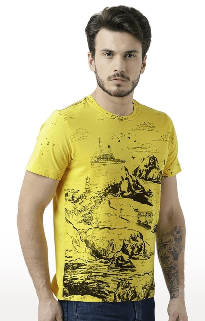 Men's Yellow Printed Regular T-Shirt