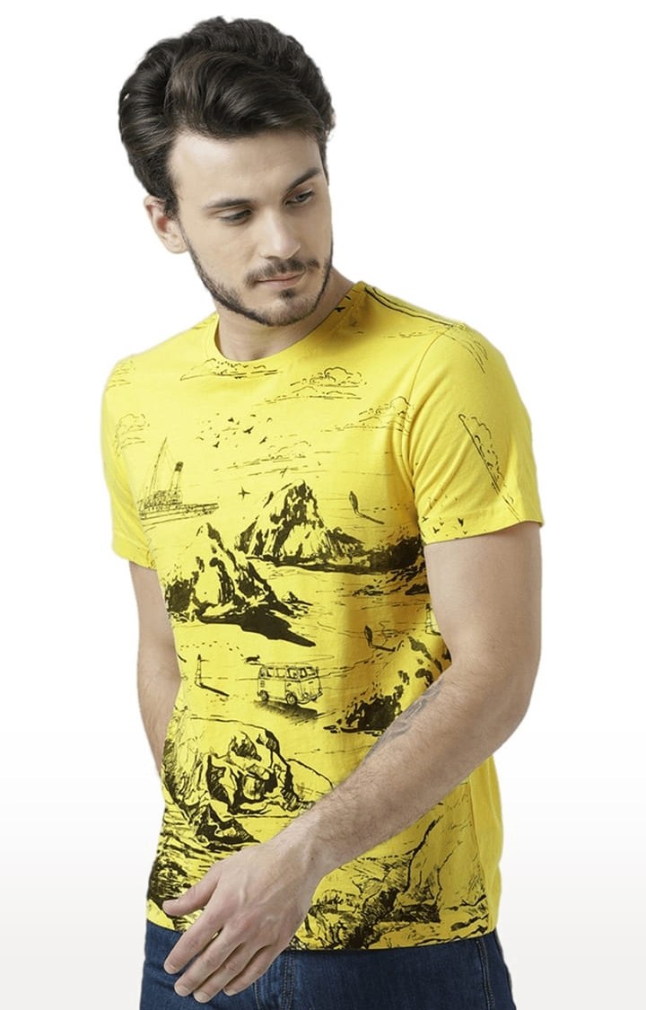 Men's Yellow Printed Regular T-Shirt