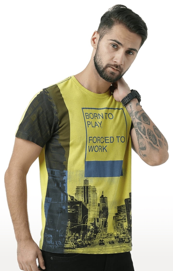 Men's Yellow Printed Regular T-Shirt