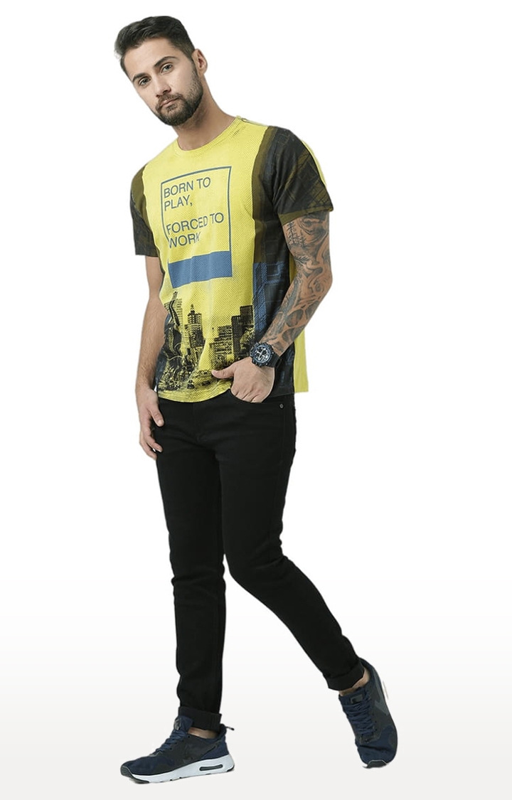 Men's Yellow Printed Regular T-Shirt