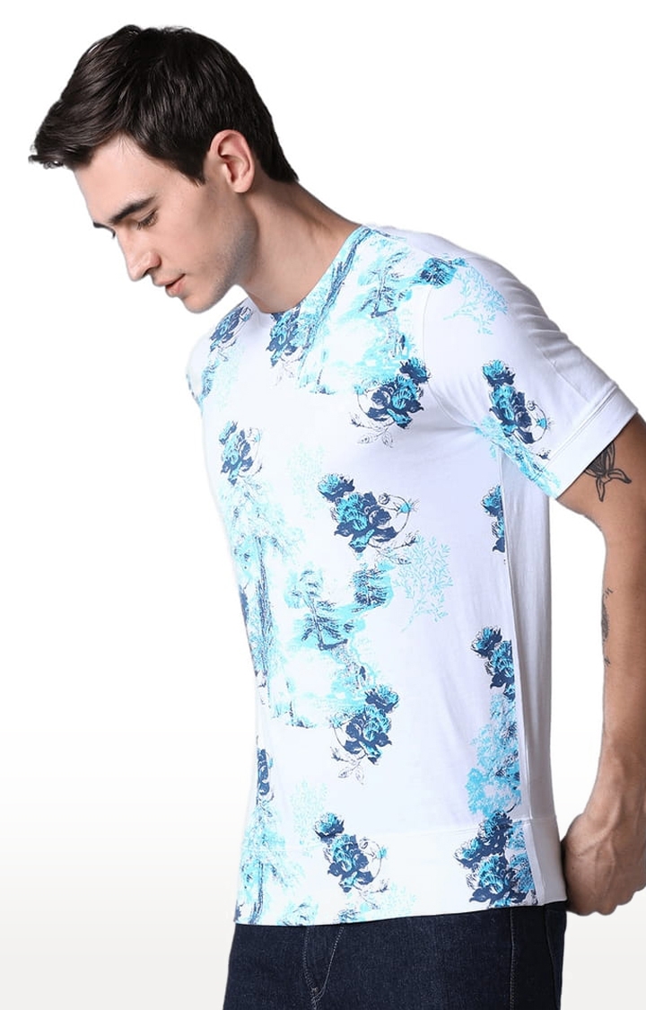 HUETRAP | Men's White and Blue Cotton Printed Regular T-Shirt 1